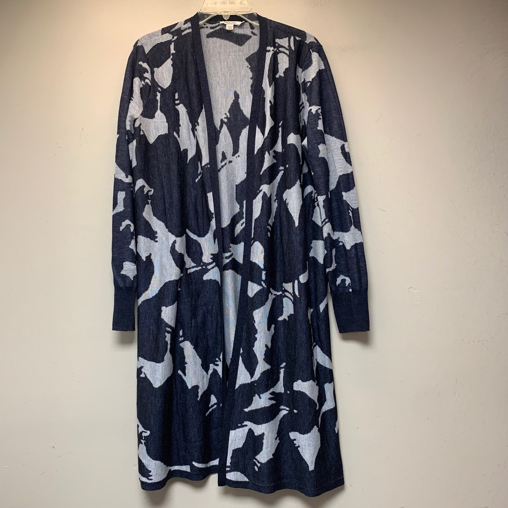 Chico's Duster Cardigan Womens 1 M Navy Blue Excellent Abstract Knit Longline